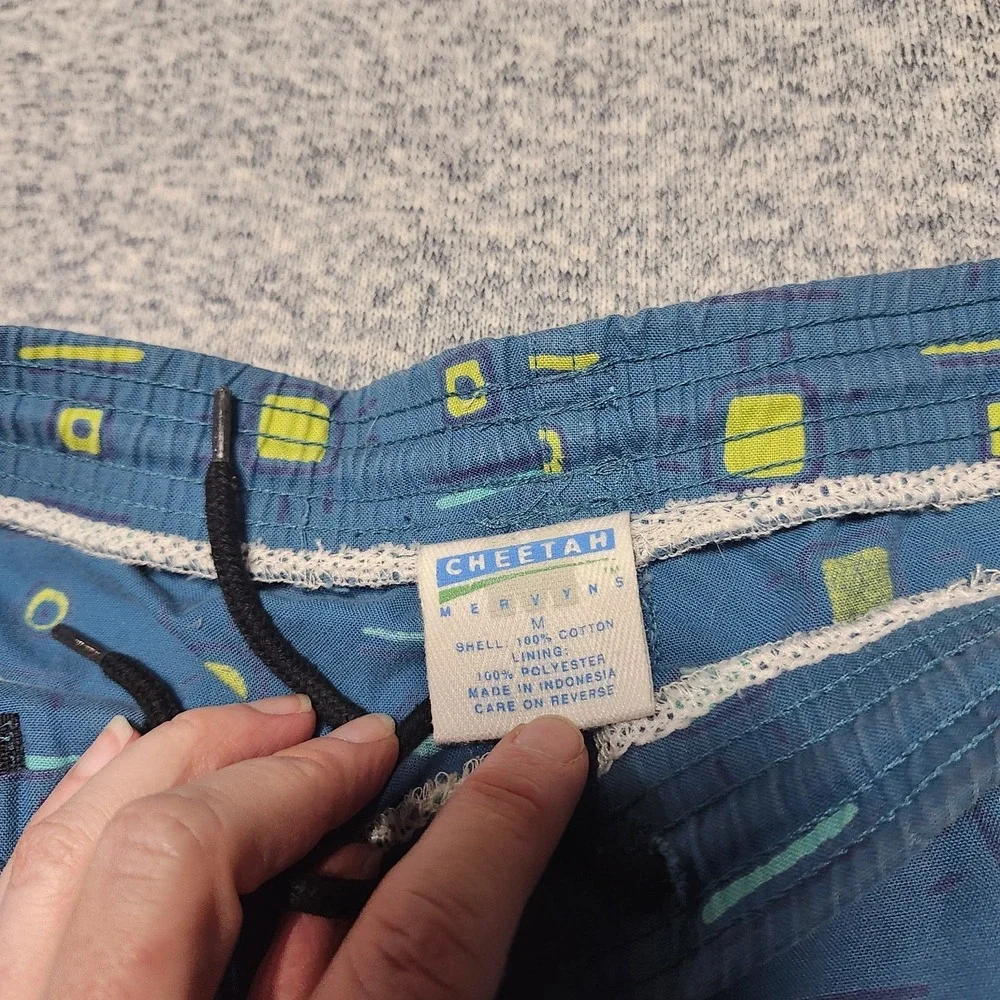 Vintage Mervyns Cheetah Swim Trunks Mens M Blue Geometric Print 90s Cotton‎